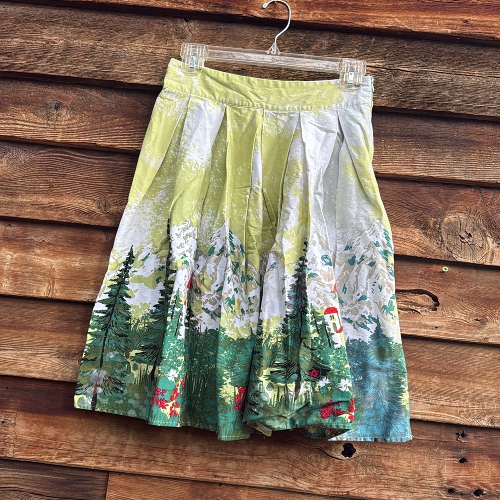 Vintage Scenic Print Pleated Skirt - Green - Picture 3 of 3
